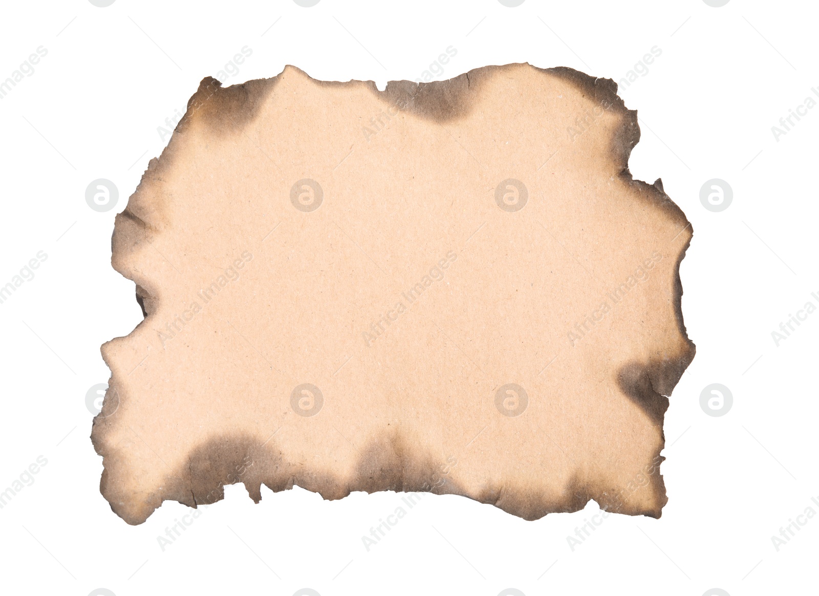 Photo of Piece of brown paper with dark burnt borders on white background, top view. Space for text
