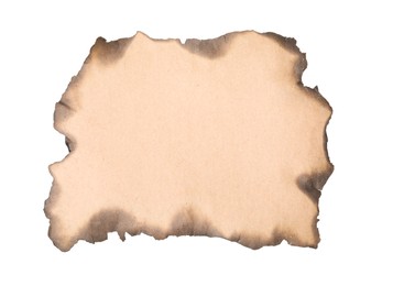 Piece of brown paper with dark burnt borders on white background, top view. Space for text