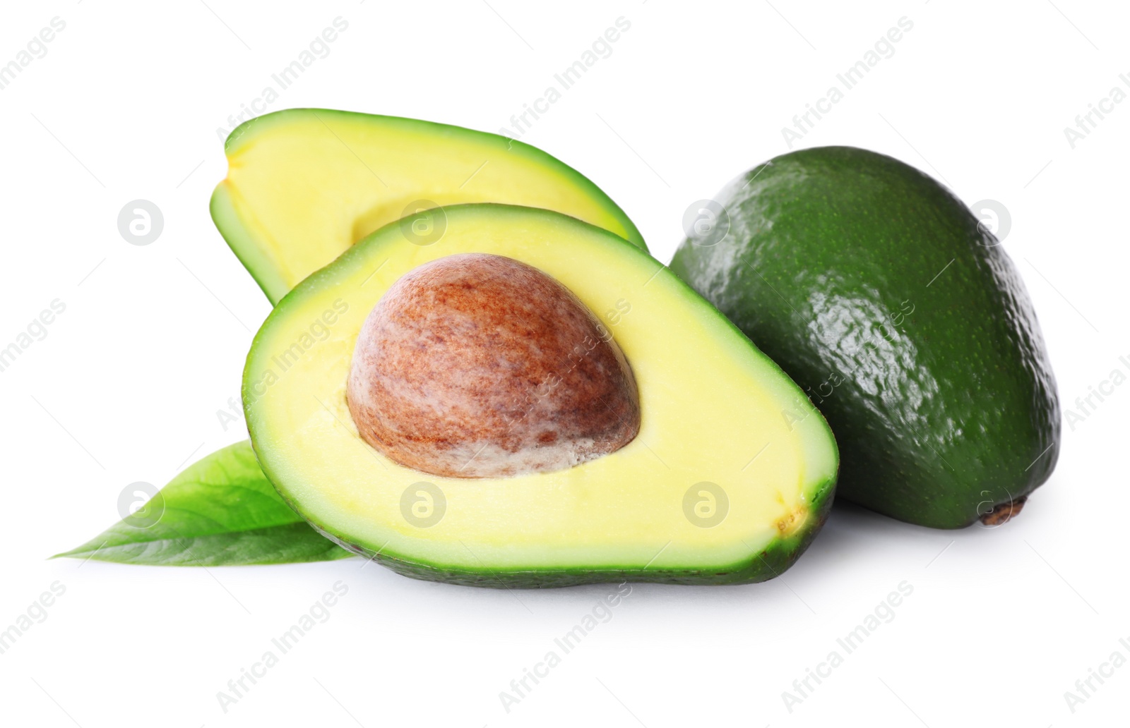 Photo of Whole and cut avocados isolated on white