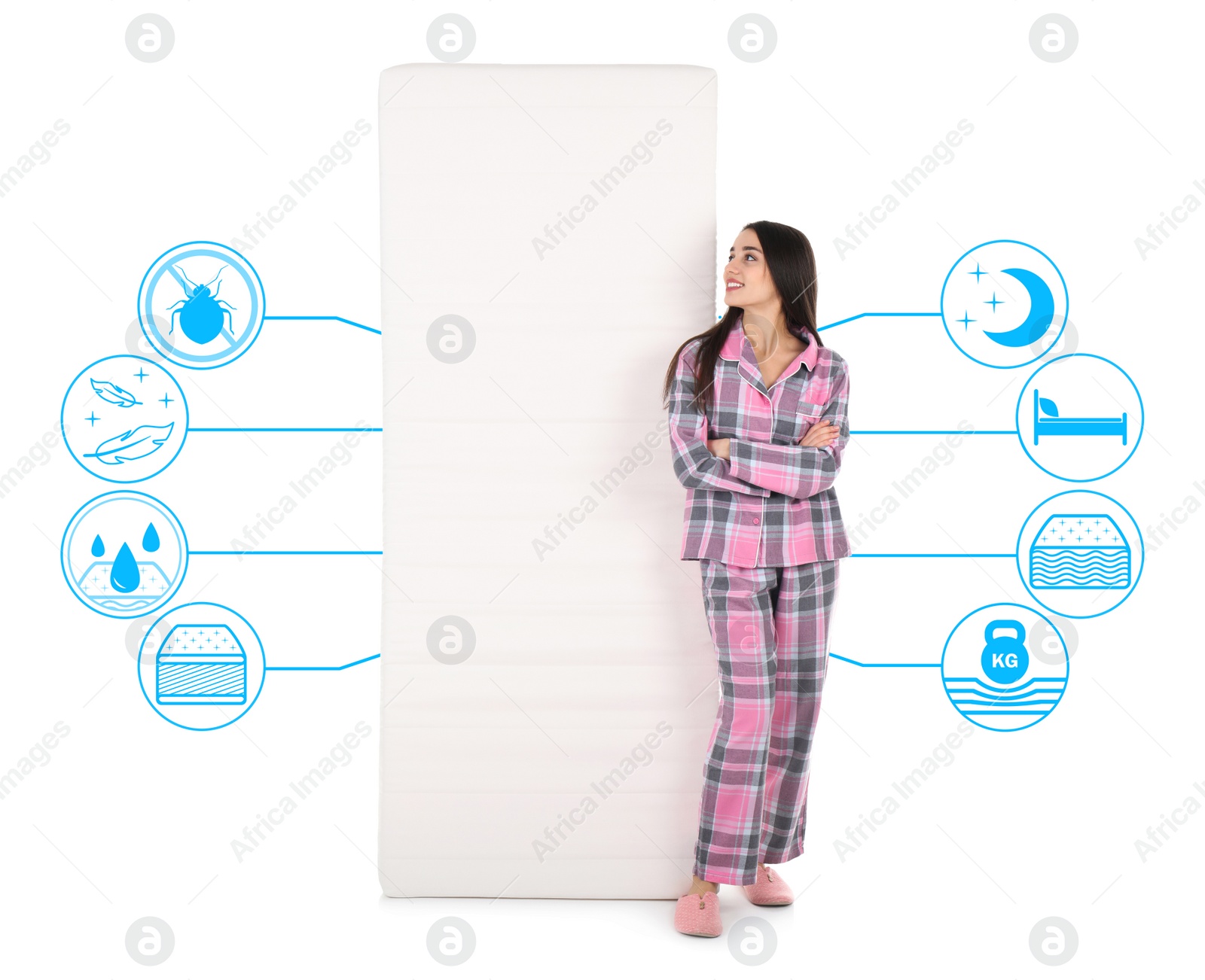 Image of Young woman with comfortable mattress isolated on white