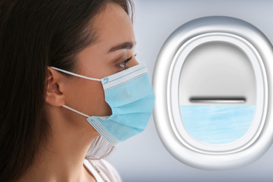 Image of Traveling by airplane during coronavirus pandemic. Woman with face mask near porthole