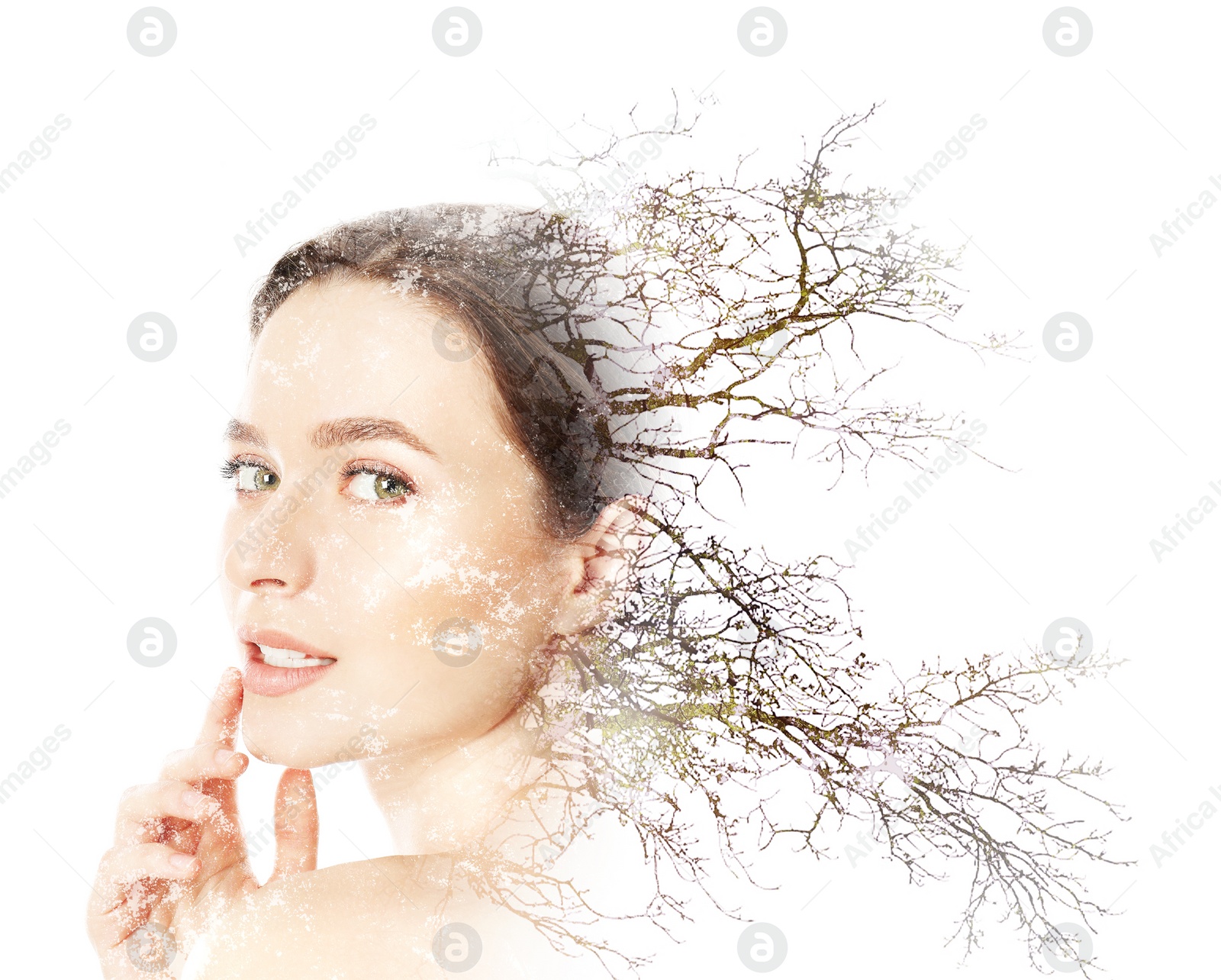 Image of Double exposure of beautiful woman and tree on white background