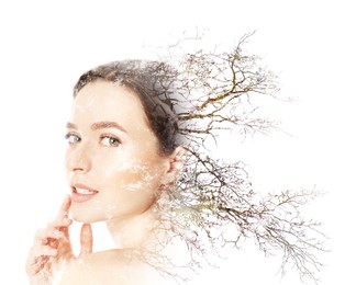 Double exposure of beautiful woman and tree on white background