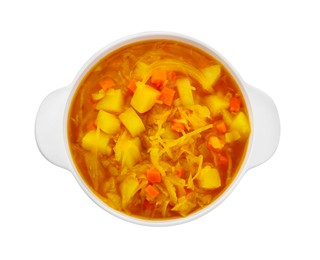 Pot of delicious sauerkraut soup with potatoes and carrot isolated on white, top view