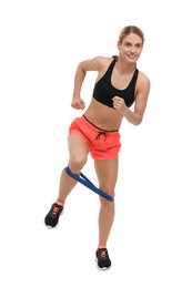 Woman exercising with elastic resistance band on white background