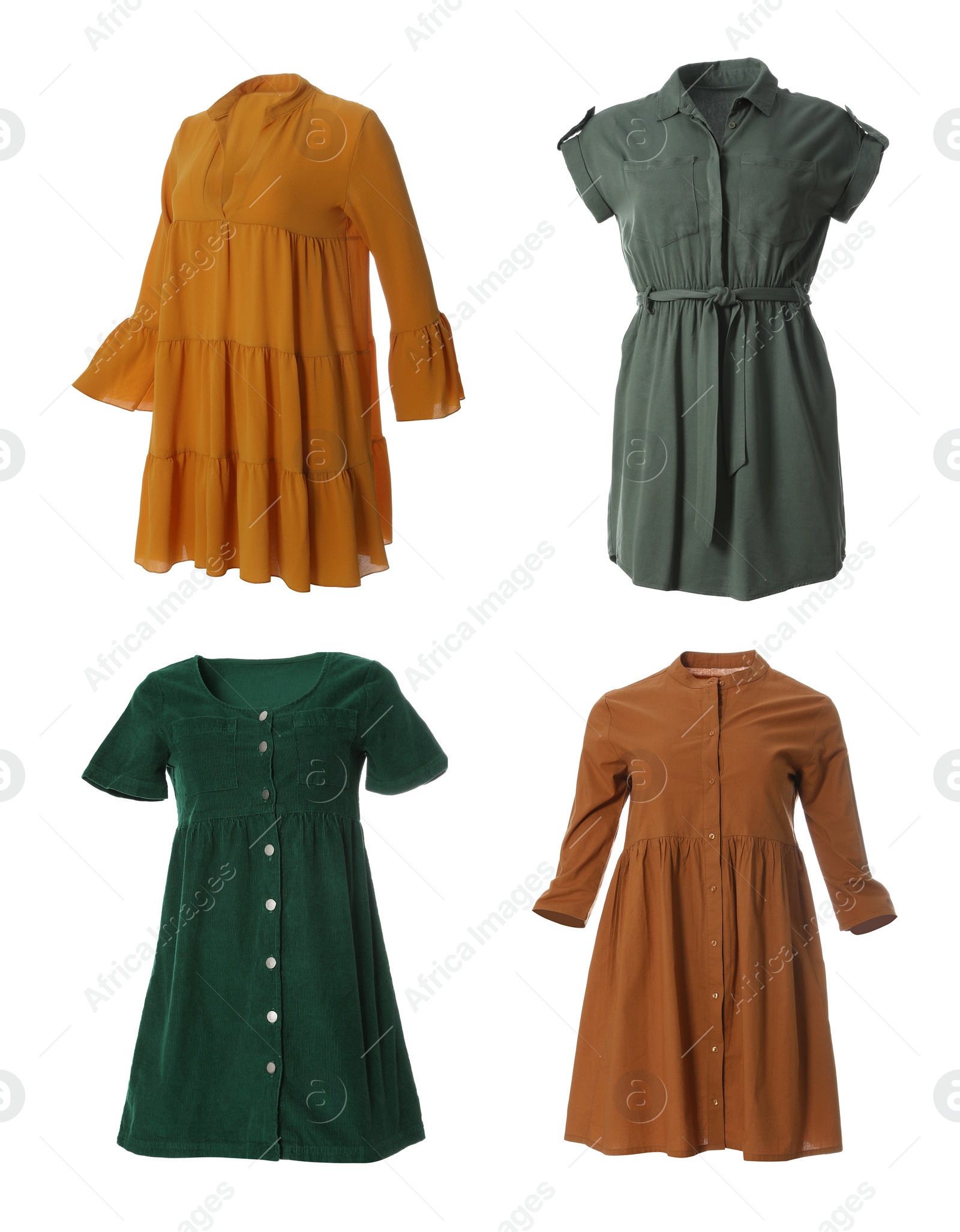 Image of Set of different stylish dresses on white background