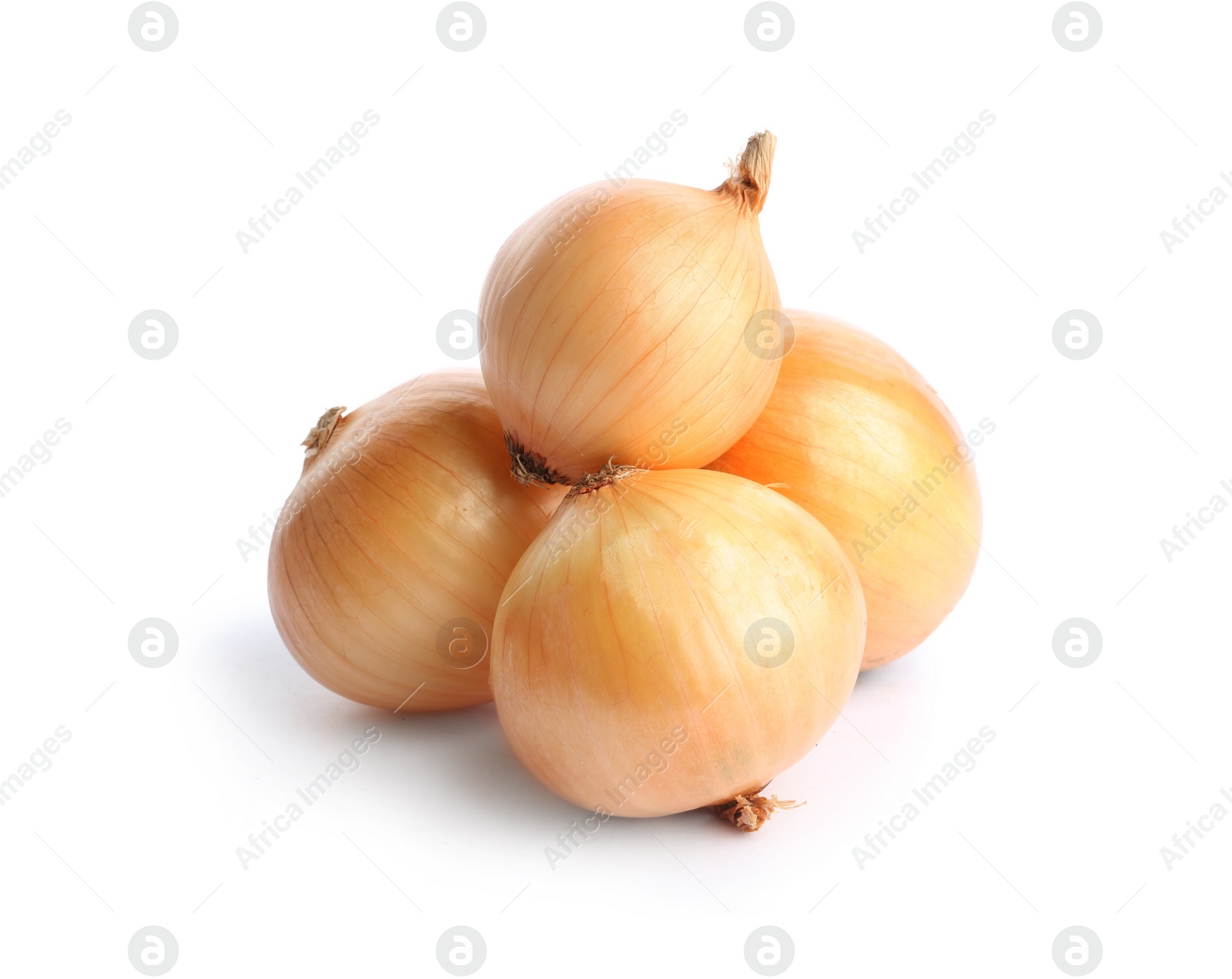 Photo of Fresh ripe onion bulbs on white background