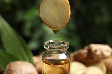 Photo of Essential oil dripping from ginger slice into bottle on blurred background, closeup