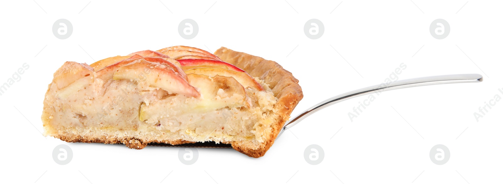 Photo of Spatula with delicious apple pie isolated on white