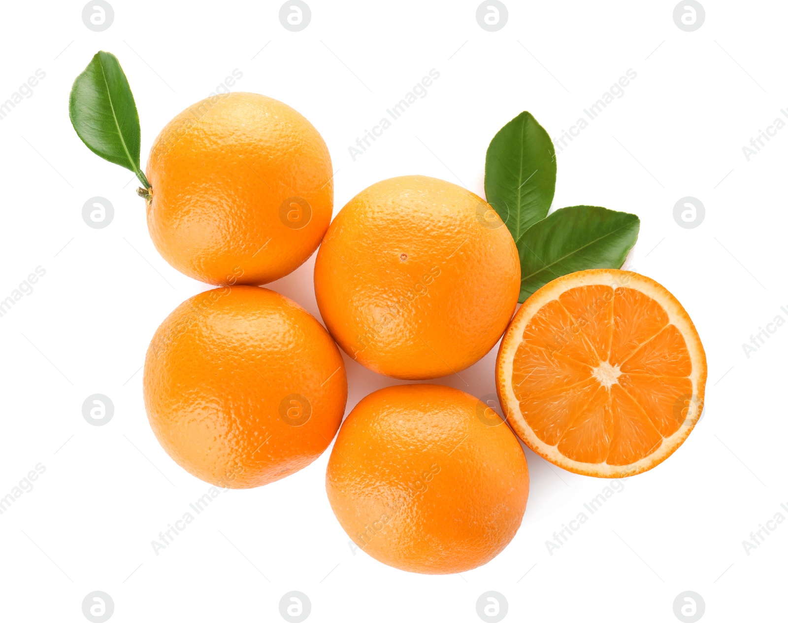 Photo of Fresh oranges on white background, top view