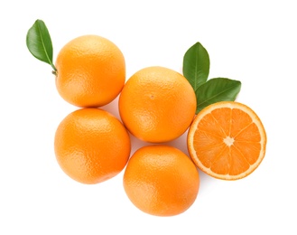 Photo of Fresh oranges on white background, top view