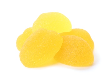 Pile of delicious jelly candies on white background