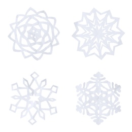 Image of Set of beautiful paper snowflakes on white background