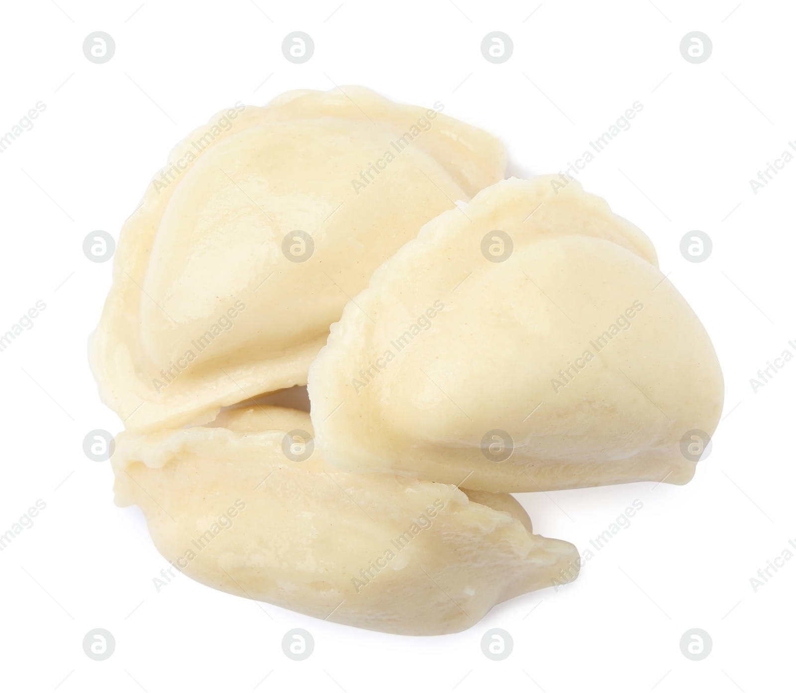 Photo of Tasty boiled dumplings on white background, top view