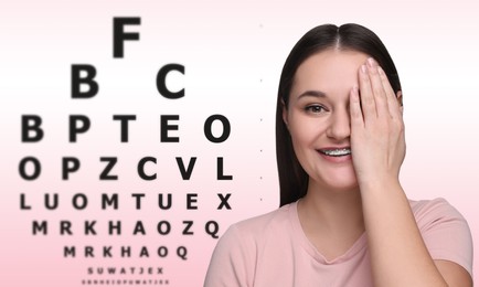 Vision test. Young woman and eye chart on gradient background. Banner design