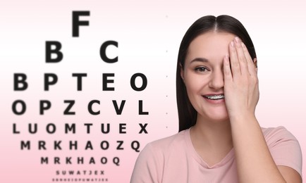 Image of Vision test. Young woman and eye chart on gradient background. Banner design