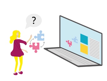 Illustration of Puzzled woman searching answers online using laptop, illustration