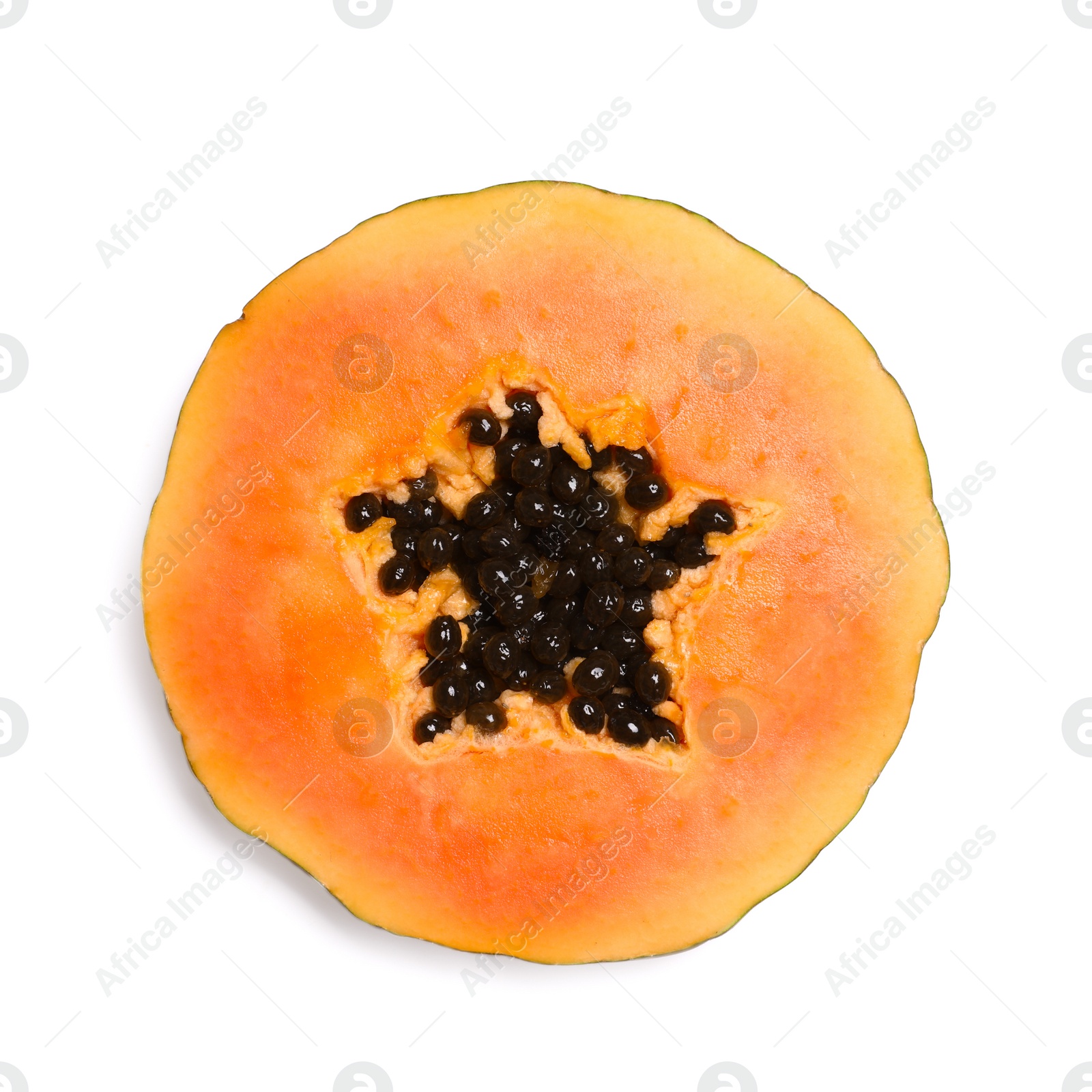 Photo of Slice of fresh juicy papaya on white background, top view