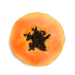 Photo of Slice of fresh juicy papaya on white background, top view