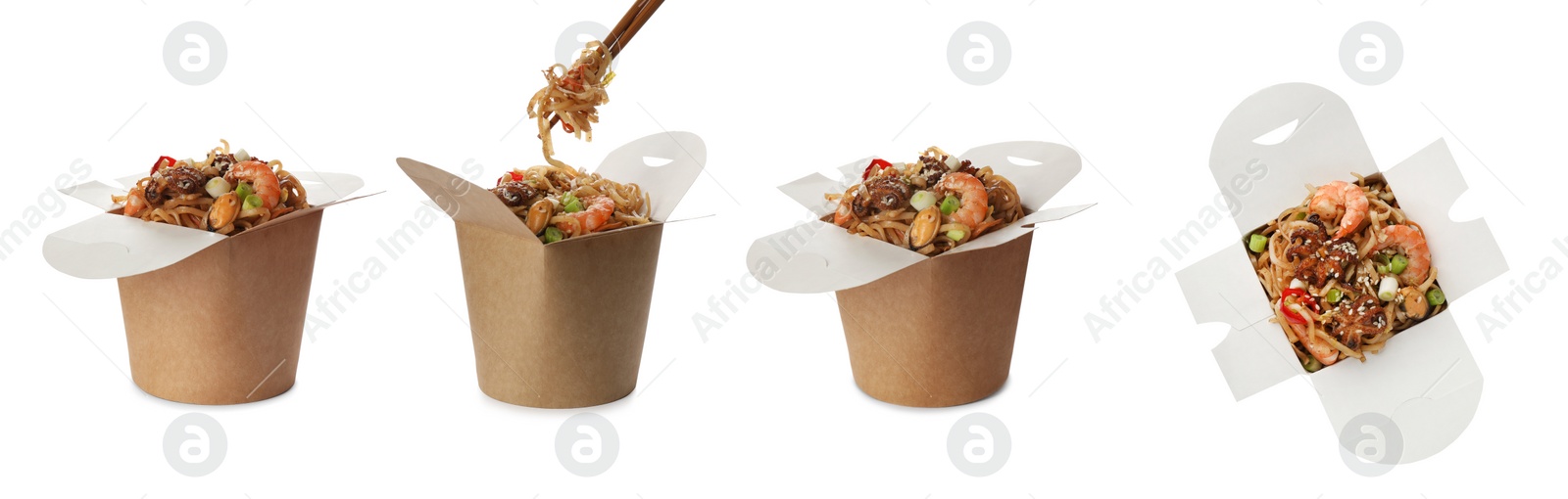 Image of Set with boxes of tasty seafood wok noodles on white background. Banner design