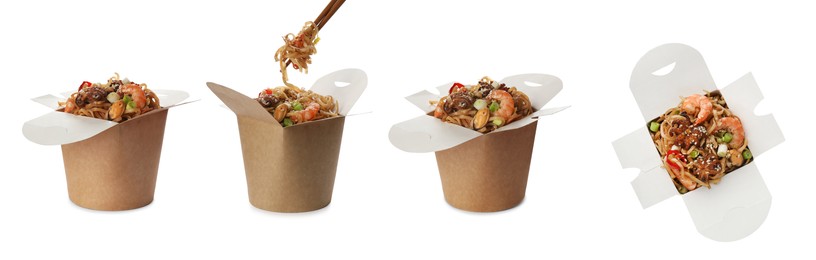 Image of Set with boxes of tasty seafood wok noodles on white background. Banner design