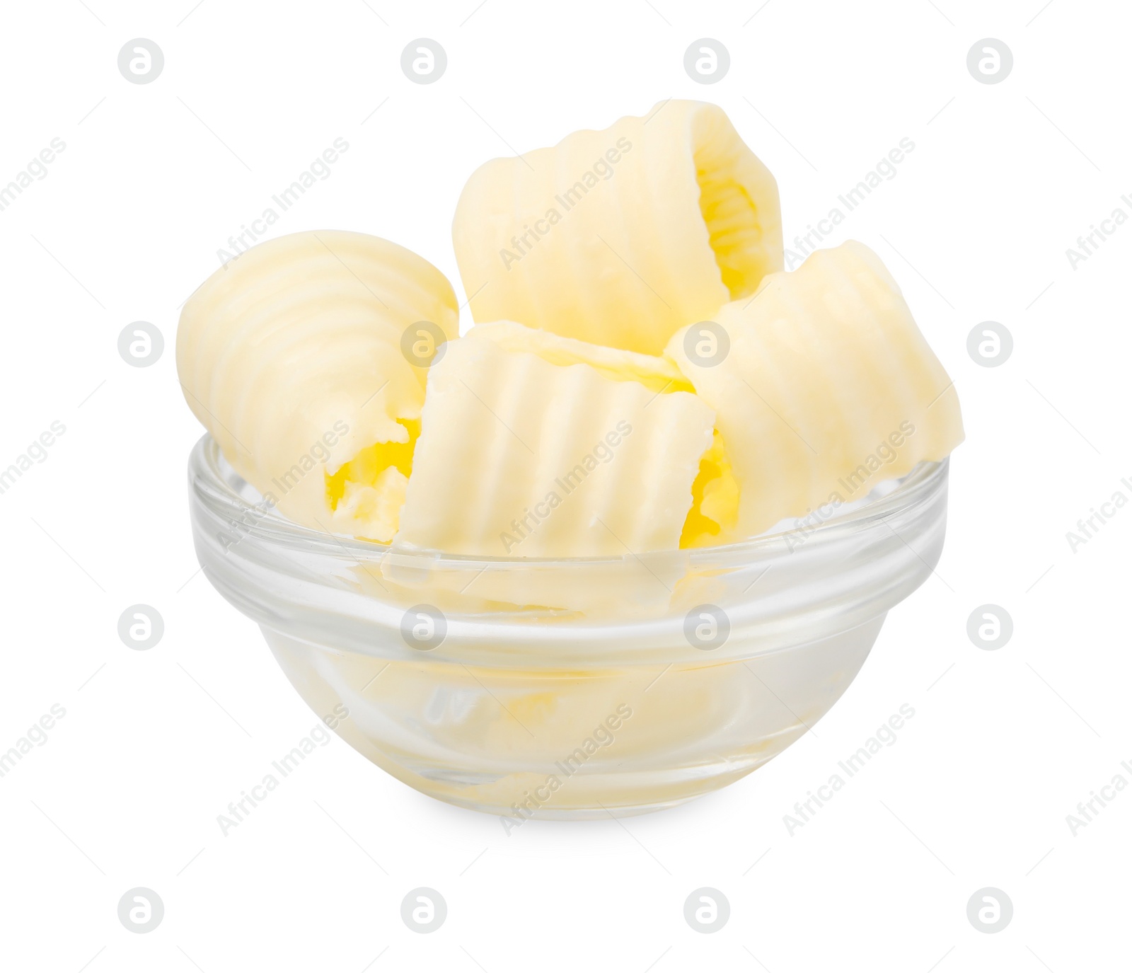 Photo of Tasty butter curls in bowl isolated on white