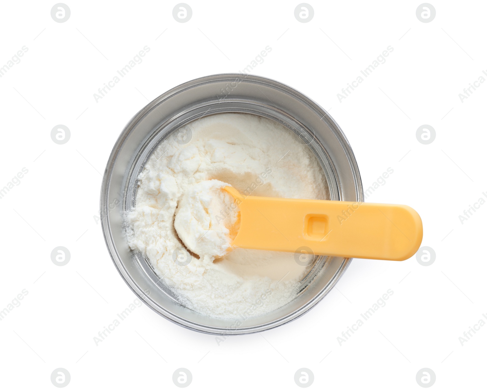 Photo of Can of powdered infant formula with scoop isolated on white, top view. Baby milk