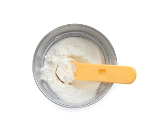 Photo of Can of powdered infant formula with scoop isolated on white, top view. Baby milk