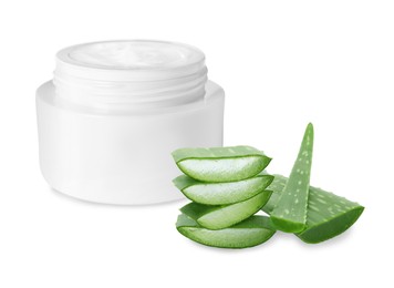 Image of Moisturizing cream with extract of aloe vera. Jar and green aloe leaves on white background