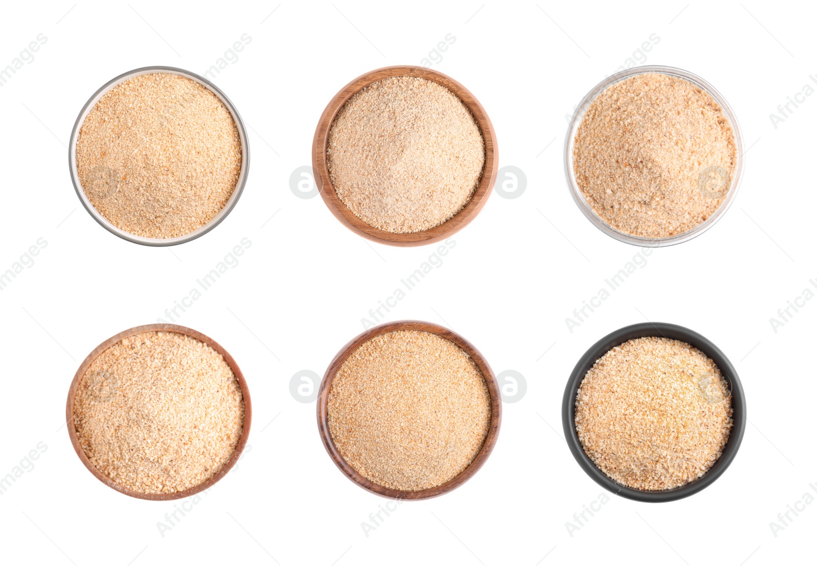 Image of Set with fresh bread crumbs on white background, top view