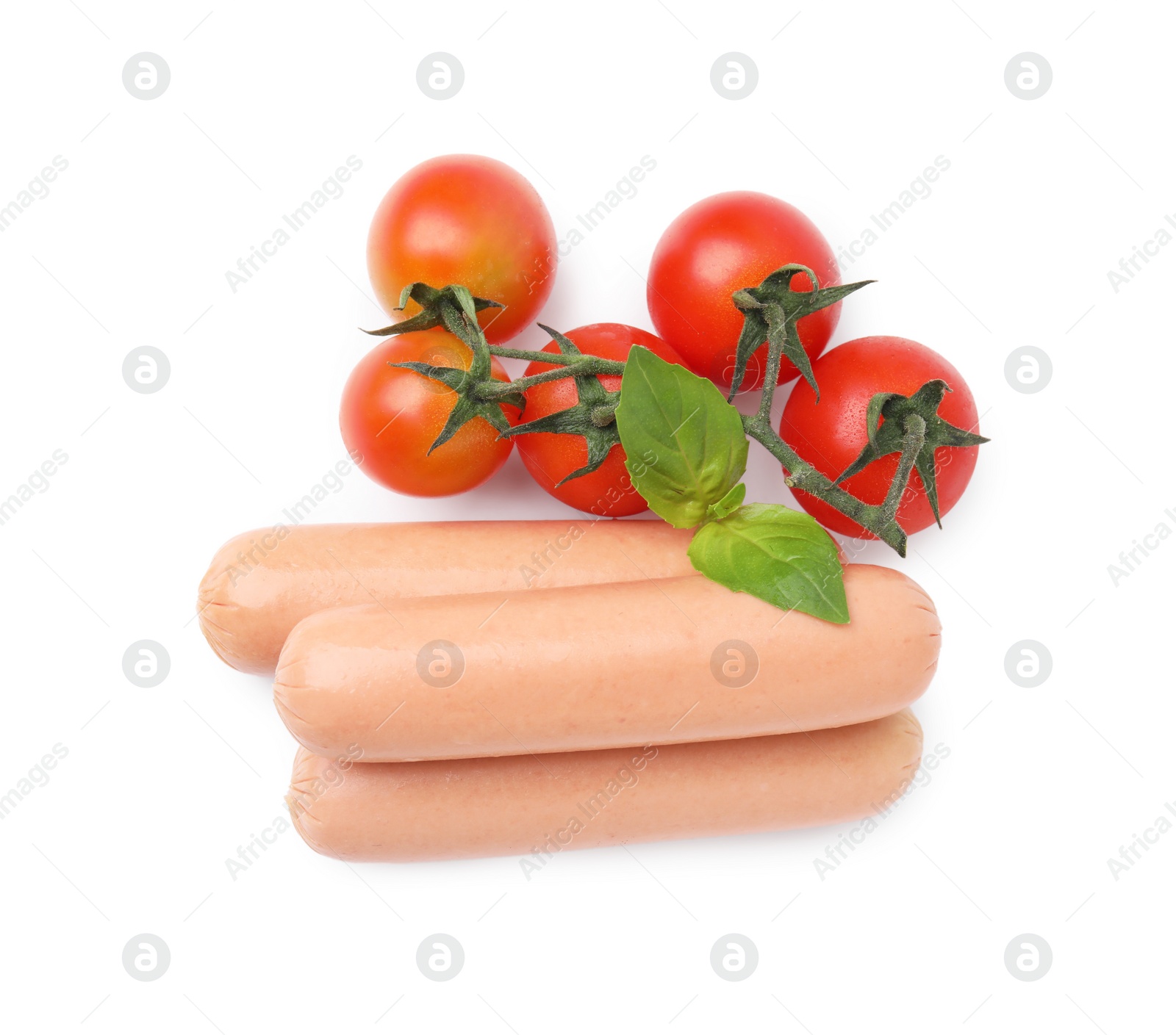 Photo of Delicious boiled sausages, tomatoes and basil on white background, top view