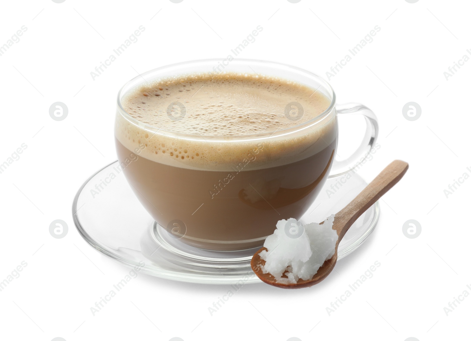 Photo of Delicious coffee with organic coconut oil isolated on white