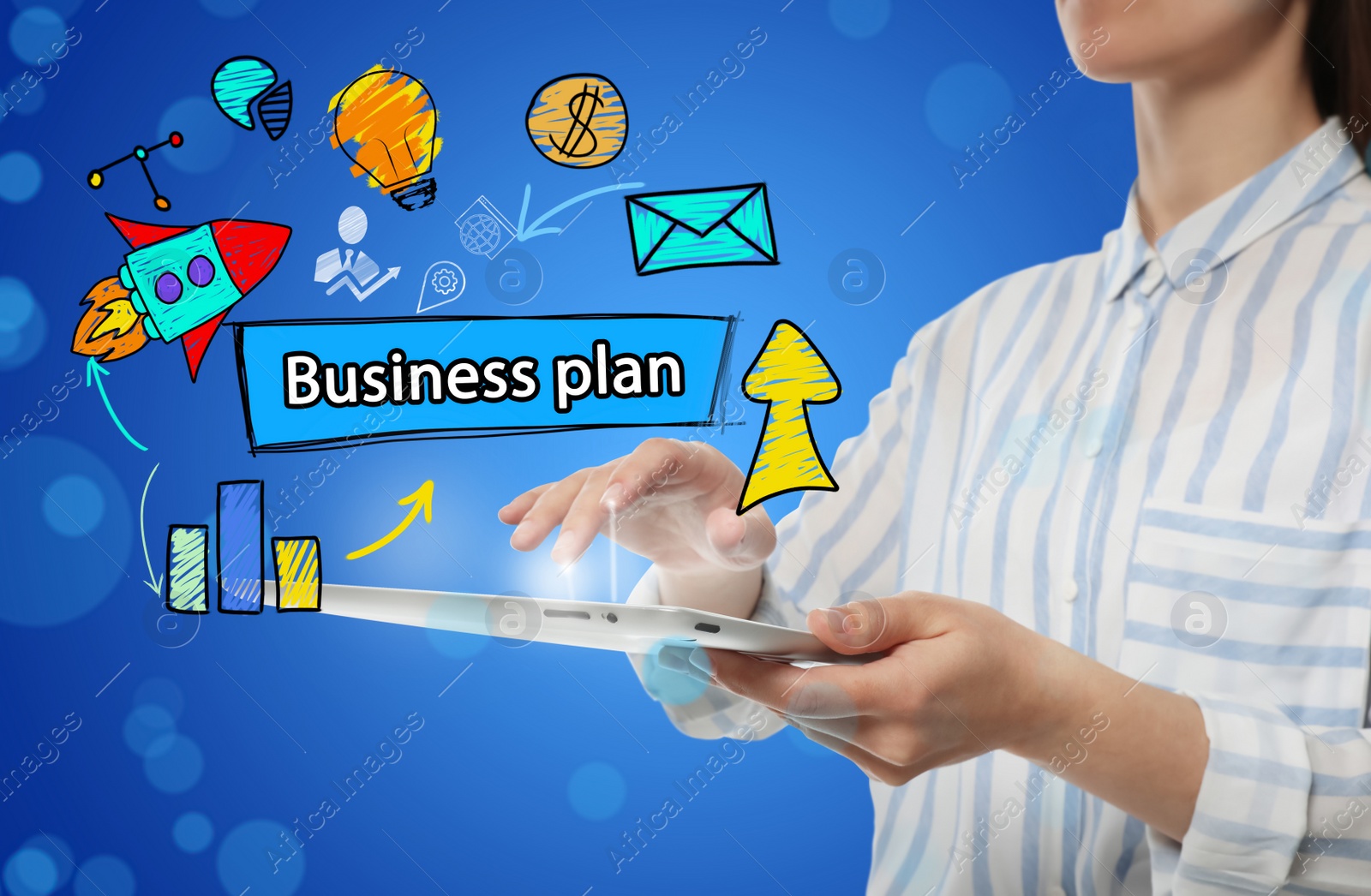 Image of Business plan. Virtual screen with different icons and woman using tablet, closeup