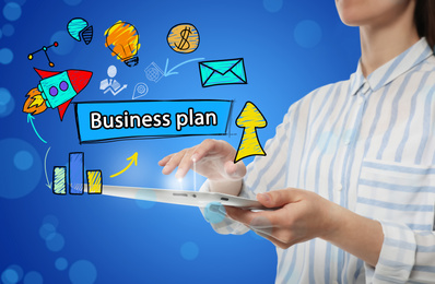 Image of Business plan. Virtual screen with different icons and woman using tablet, closeup