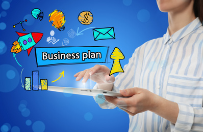 Business plan. Virtual screen with different icons and woman using tablet, closeup