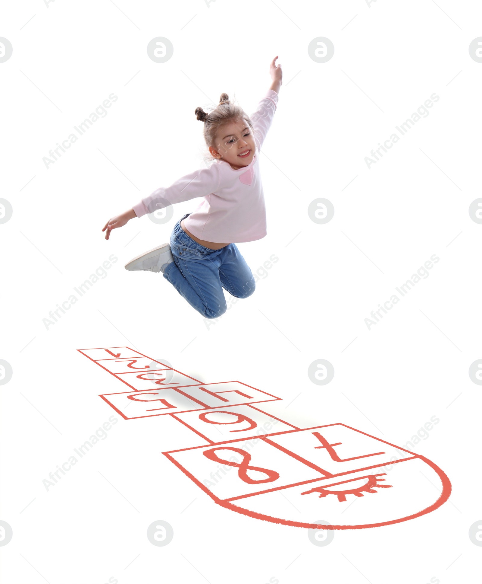 Image of Cute little girl playing hopscotch on white background