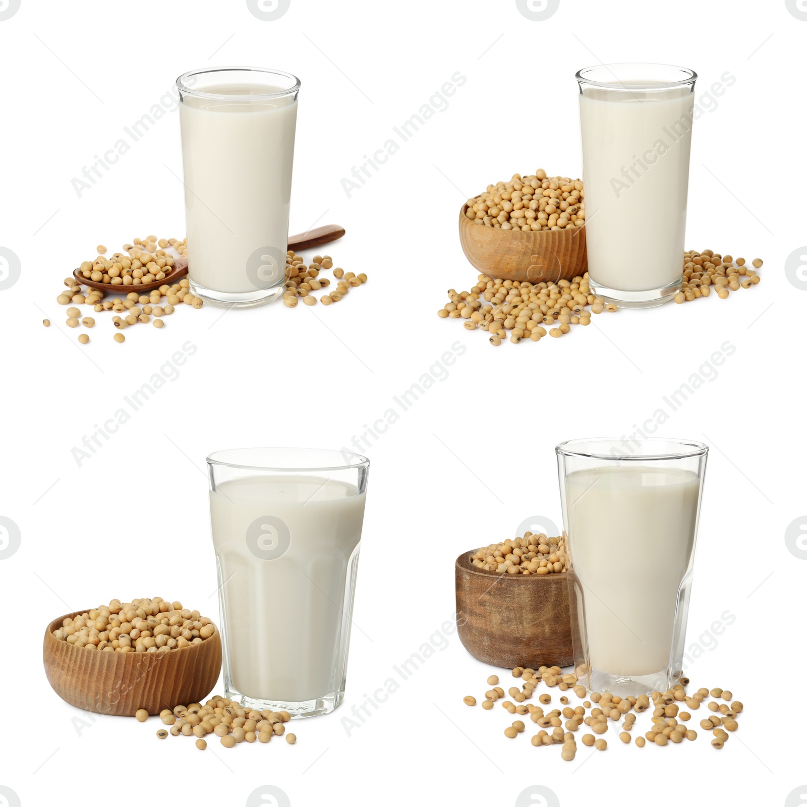 Image of Set with natural soy milk and beans on white background