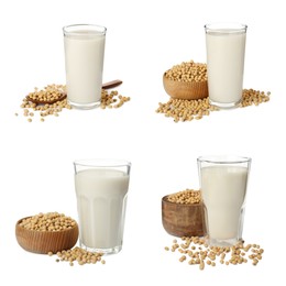 Image of Set with natural soy milk and beans on white background