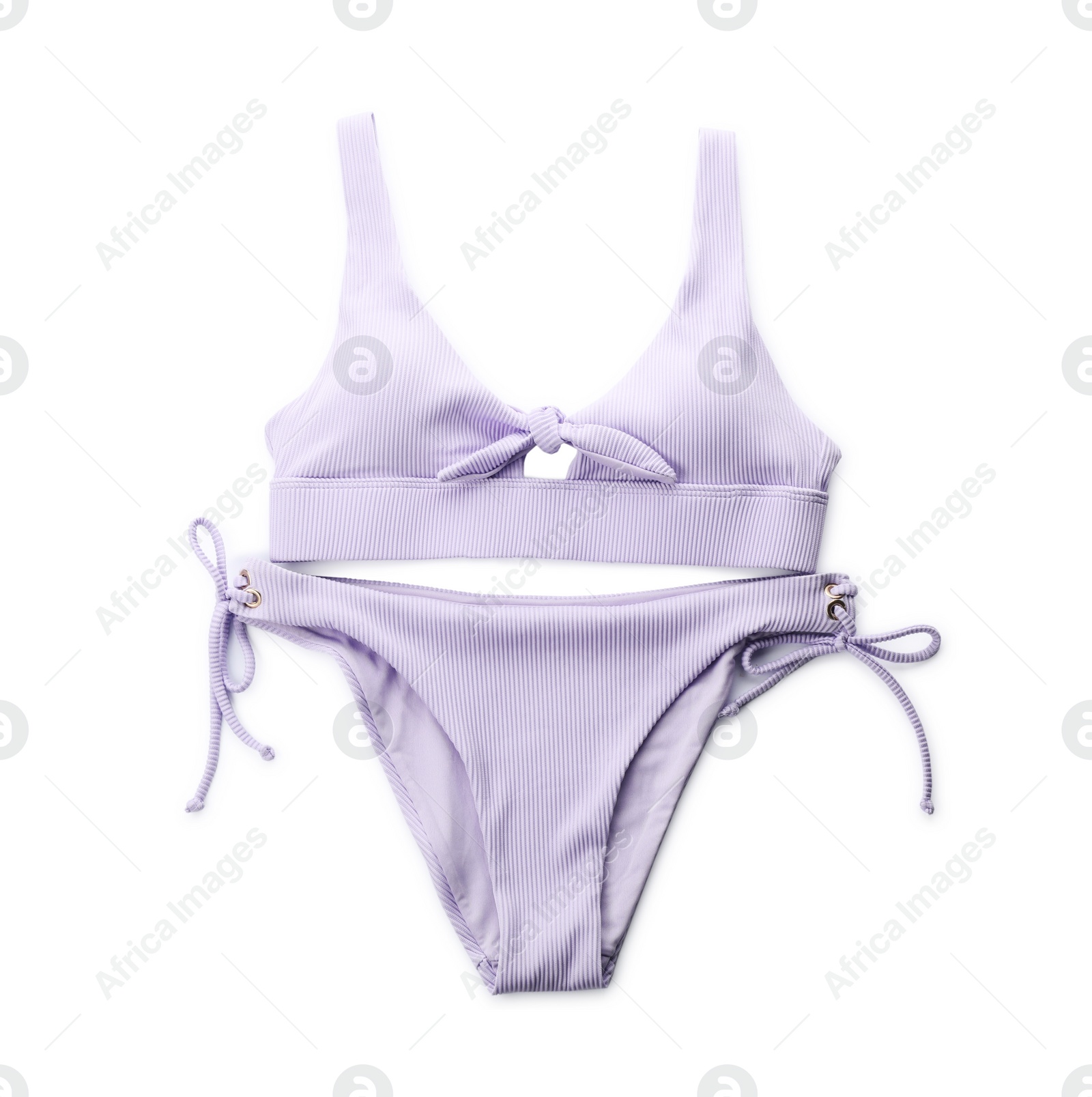 Photo of Stylish violet swimsuit isolated on white, top view. Beach accessory