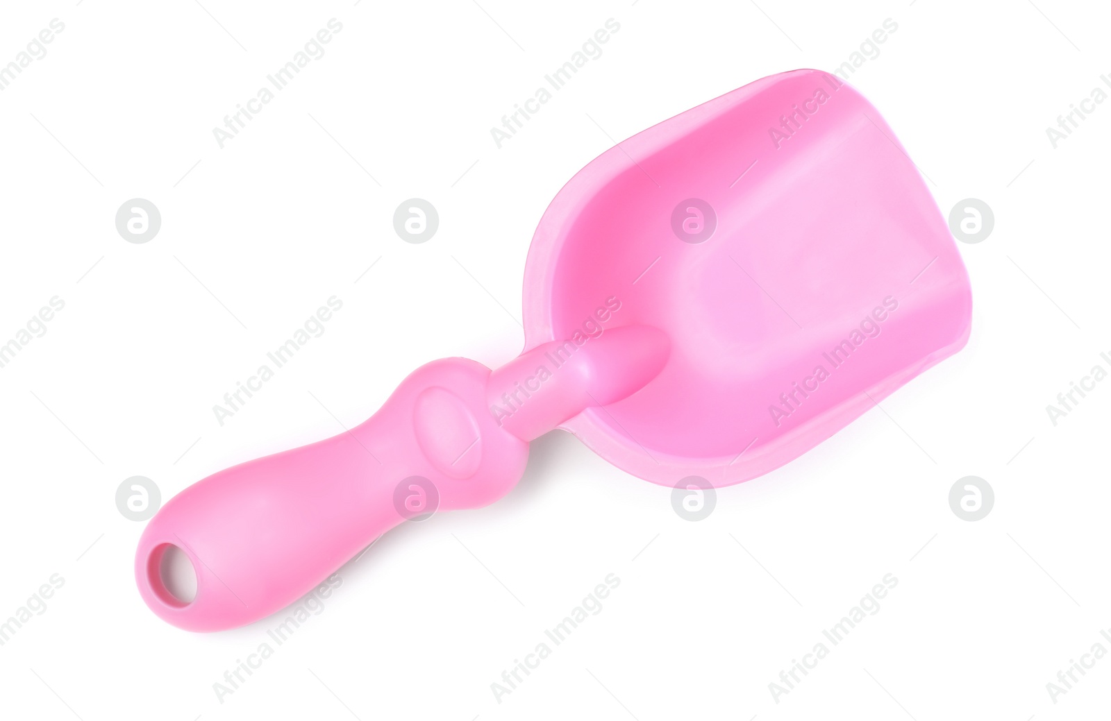 Photo of Pink plastic toy shovel isolated on white, top view