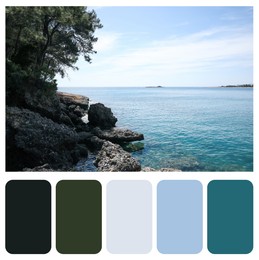 Image of Color palette appropriate to photo of beautiful rocky sea coast on summer day