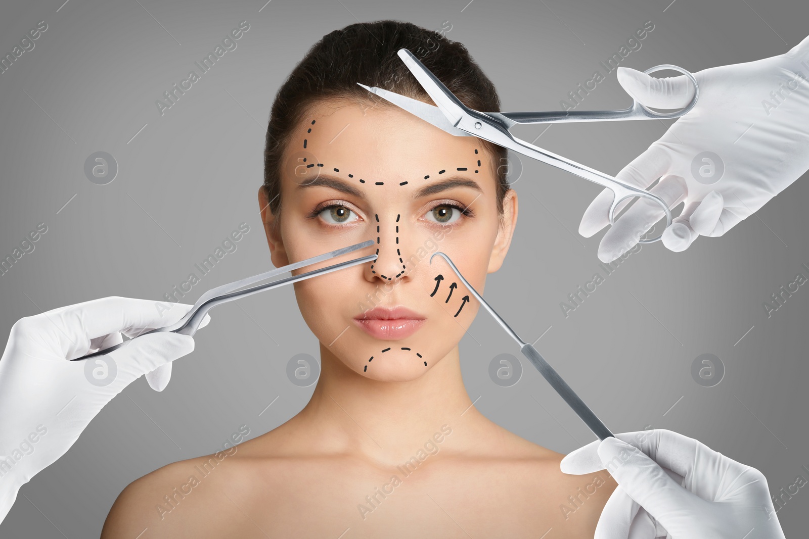 Image of Doctors with different instruments and young woman on grey background, collage. Concept of plastic surgery 