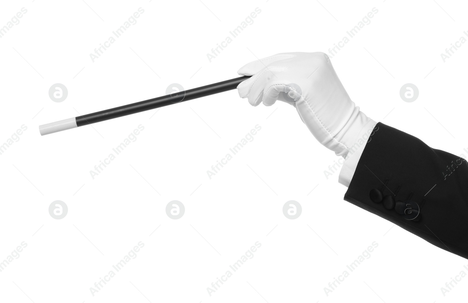 Photo of Magician holding wand on white background, closeup