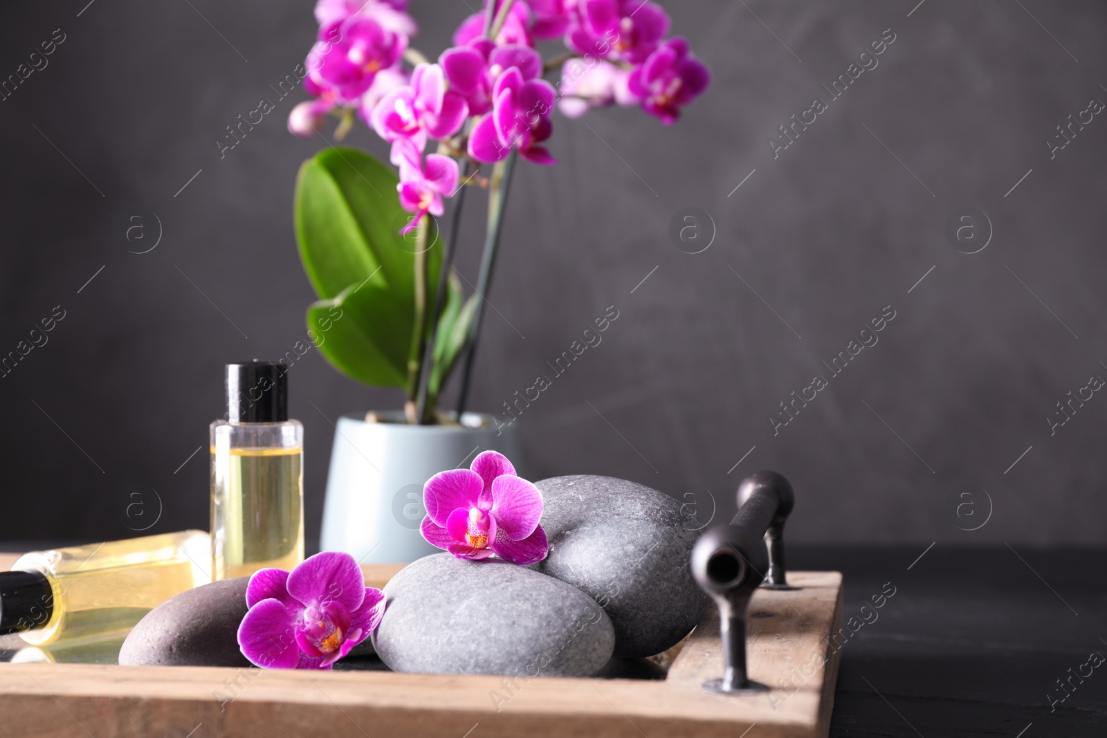 Photo of Composition with orchid flowers and spa stones on tray against grey background