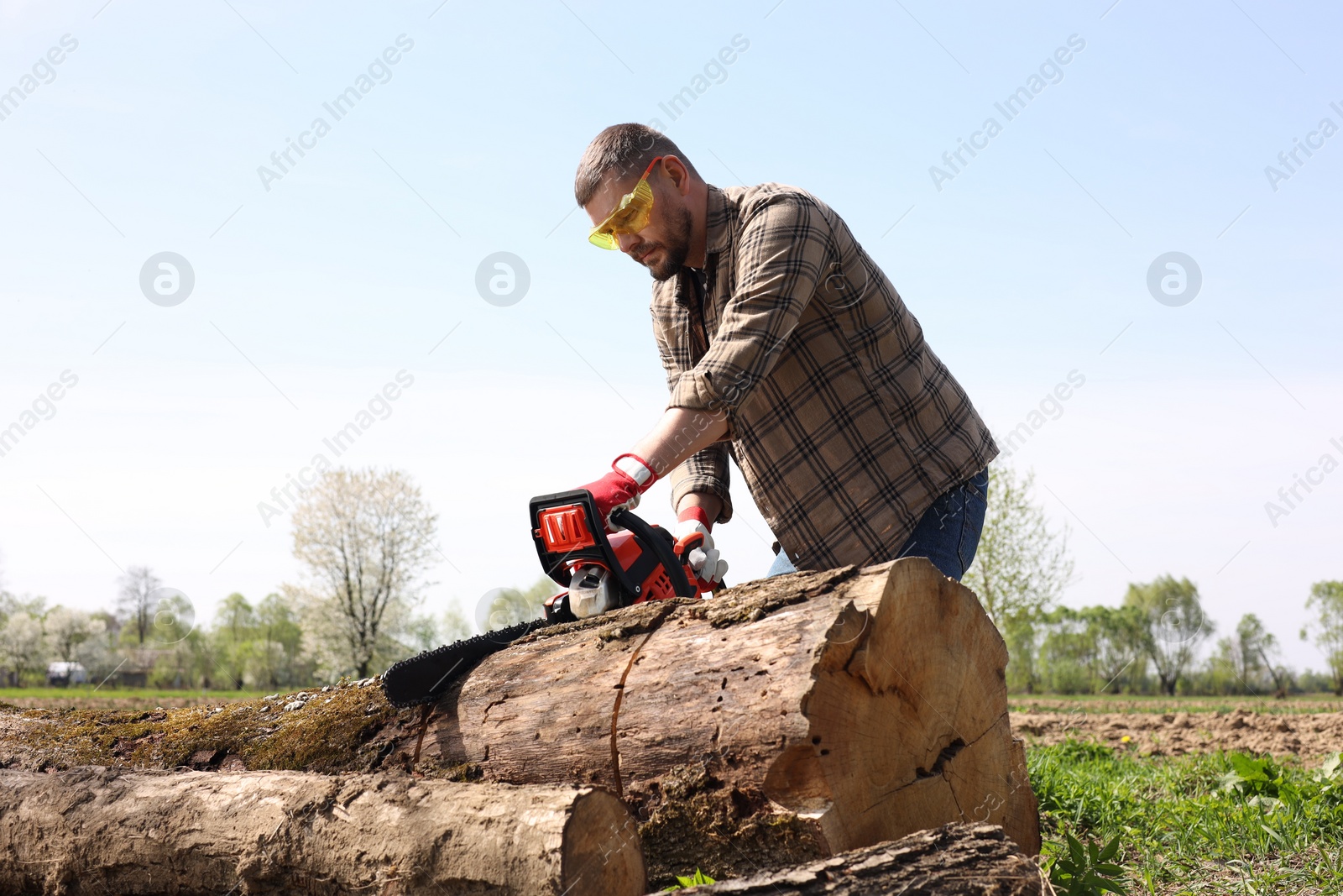 Photo of Man sawing wooden log on sunny day