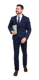 Photo of Handsome bearded businessman in suit with laptop on white background