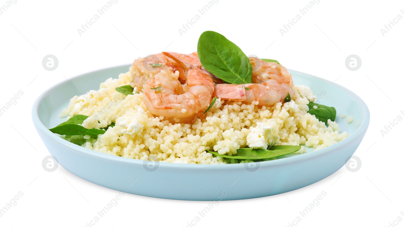 Photo of Plate of delicious couscous with shrimps and spinach isolated on white