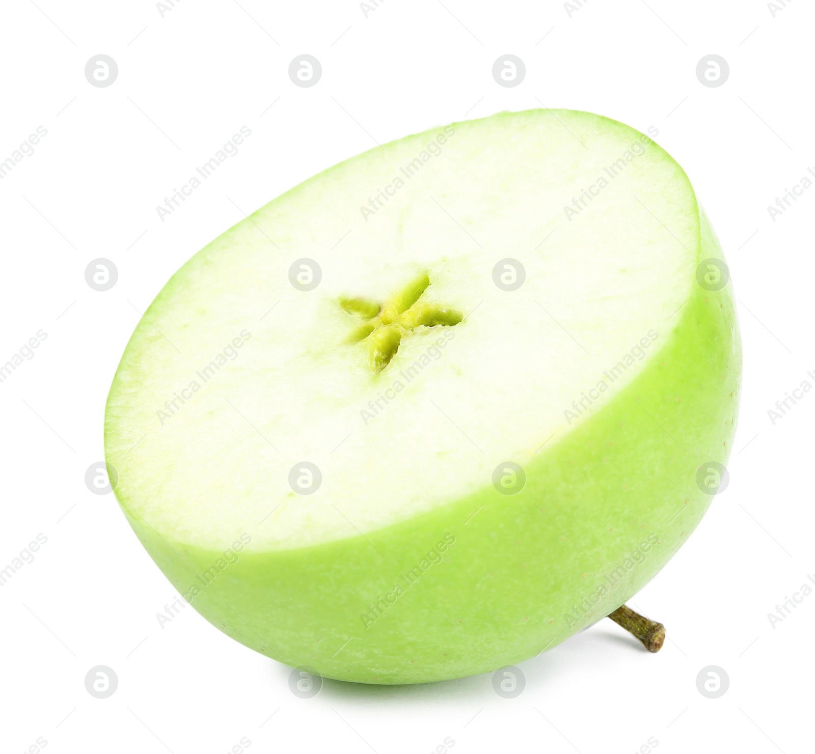 Photo of Half of fresh green apple on white background