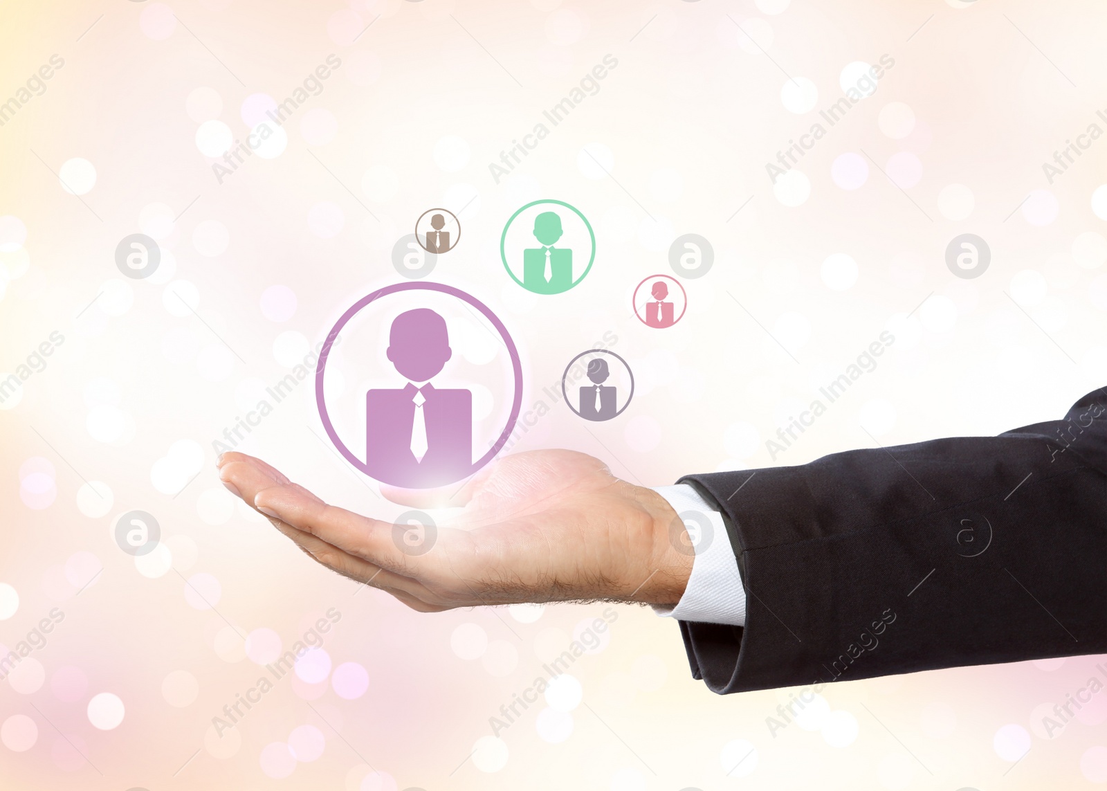 Image of Man presenting virtual icons of businesspeople on light background, closeup. Leadership concept