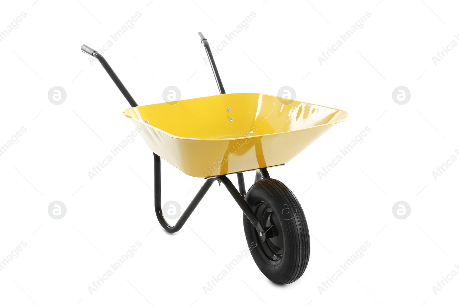 Photo of Color wheelbarrow isolated on white. Gardening tool